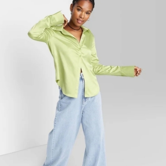 Women's Bell Long Sleeves Button Down Shiny Sage Gree Top Wild Fable XXL - Picture 14 of 14